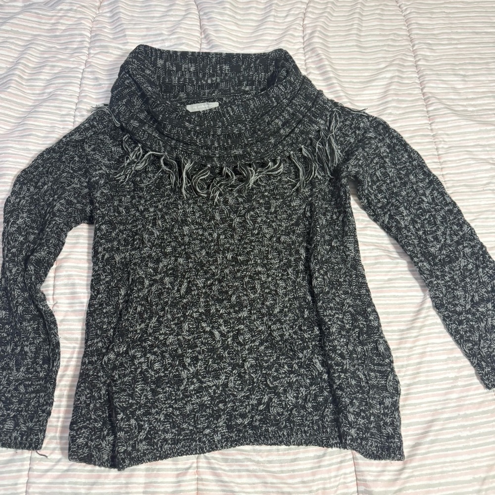 NY Collection Black White Tweed Women’s Sweater Cowl Neck Fringe Large